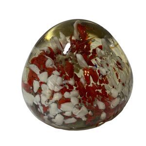 Round Paperweight Hand Blown Glass RED WHITE Controlled Bubble 2 5/8" Used